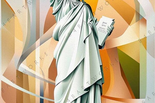"Abstract digital art of the Statue of Liberty with geometric colorful background."