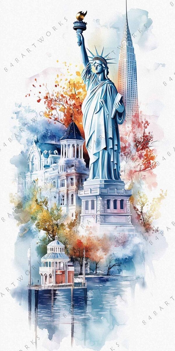 "Watercolor painting of Statue of Liberty with skyline and autumn foliage in vibrant colors."