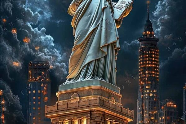 Digital art of Statue of Liberty at night with dramatic clouds and city lights.
