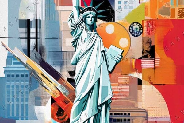Abstract digital painting of Statue of Liberty amid colorful geometric shapes and cityscape.