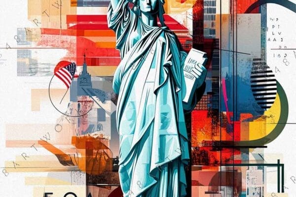 "Abstract digital art of the Statue of Liberty with vibrant geometric shapes and colors."