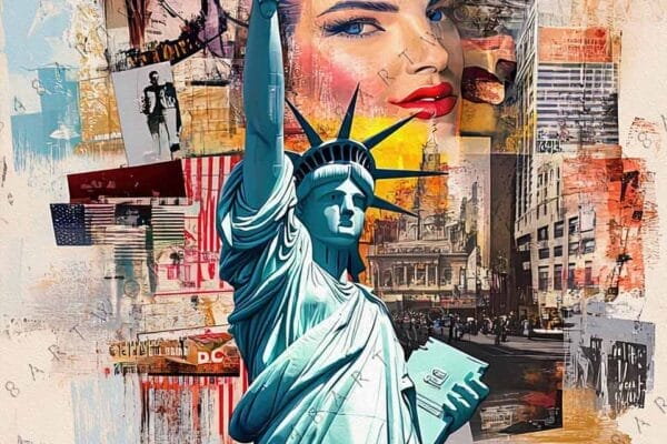 "Colorful digital art collage featuring the Statue of Liberty and New York City landmarks."