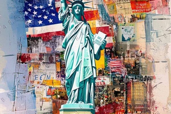 Abstract digital collage of the Statue of Liberty with vibrant urban cityscape.