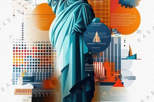 "Colorful digital illustration of the Statue of Liberty with geometric city elements."