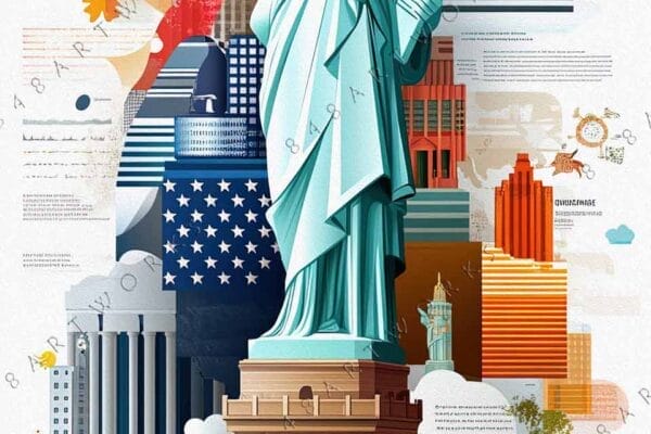 "Colorful digital illustration of the Statue of Liberty with abstract cityscape background."