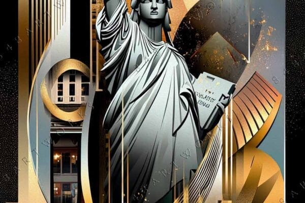 "Art deco digital artwork of the Statue of Liberty in gold and black tones."