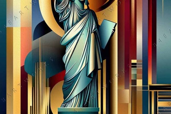 "Abstract digital art of Statue of Liberty in vibrant blue, gold, and red hues."