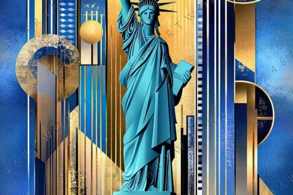 "Art Deco digital artwork of Statue of Liberty in blue and gold geometric design."