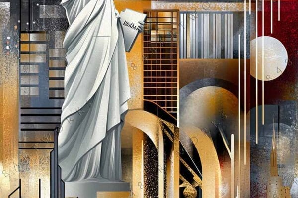 "Modern digital artwork of urban skyline with Statue of Liberty in gold, red, and gray."