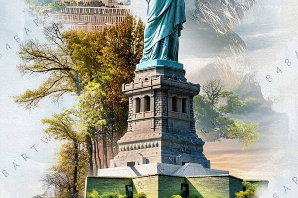 "Digital collage of global landmarks, featuring the Statue of Liberty and diverse landscapes."