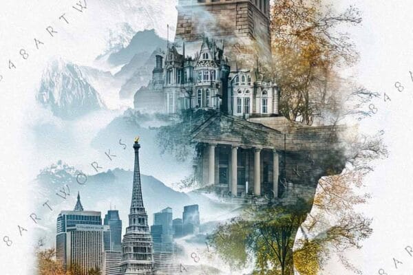 "Digital artwork collage of global landmarks with a mountainous landscape in muted tones."