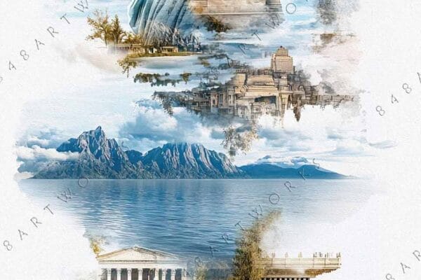 "Digital painting of iconic landmarks and landscapes with a watercolor effect in soft blue tones."