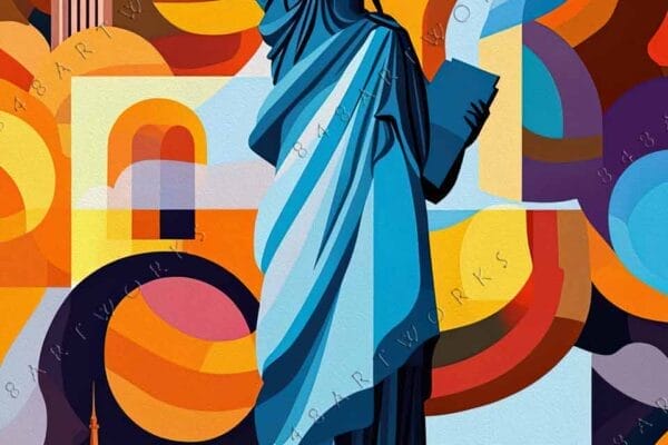 "Colorful digital illustration of the Statue of Liberty with abstract geometric patterns."
