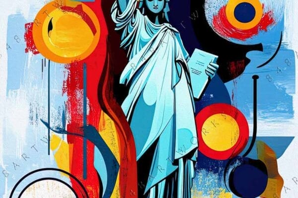 "Abstract digital artwork featuring the Statue of Liberty in bold blue, red, and yellow stripes."
