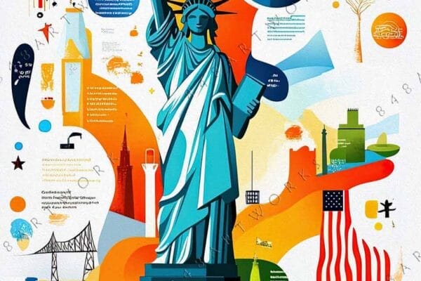 Colorful digital art of the Statue of Liberty surrounded by abstract symbols and icons.