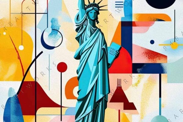 "Abstract digital art of the Statue of Liberty with vibrant geometric shapes and colors."