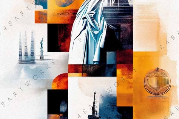 "Digital artwork of the Statue of Liberty with orange and blue abstract elements."