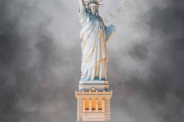 "Digital artwork of Statue of Liberty with glowing moon in overcast sky."