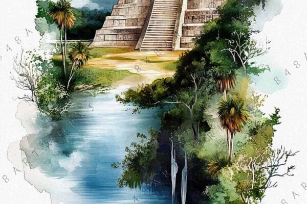 "Digital watercolor of a pyramid amidst lush greenery and birds in flight."