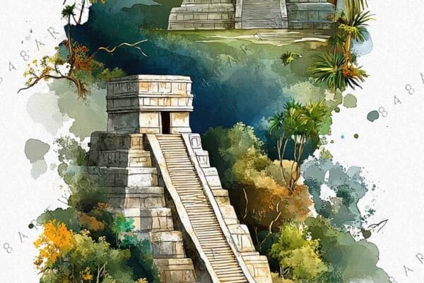 "Colorful digital painting of ancient stone pyramids with lush vegetation and flying birds."