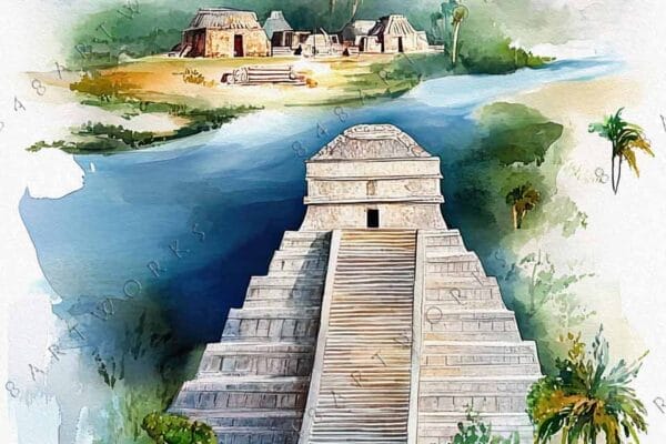 Watercolor painting of Mayan pyramids and temples surrounded by tropical greenery.