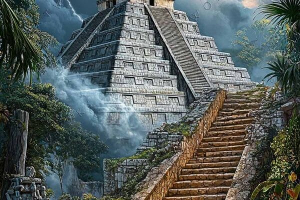"Dramatic digital art of a pyramid amid stormy skies and lightning."