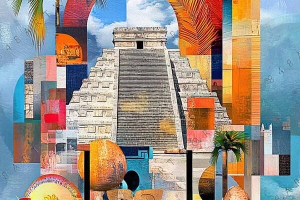 "Abstract digital art of a pyramid with bold geometric shapes and vibrant colors."