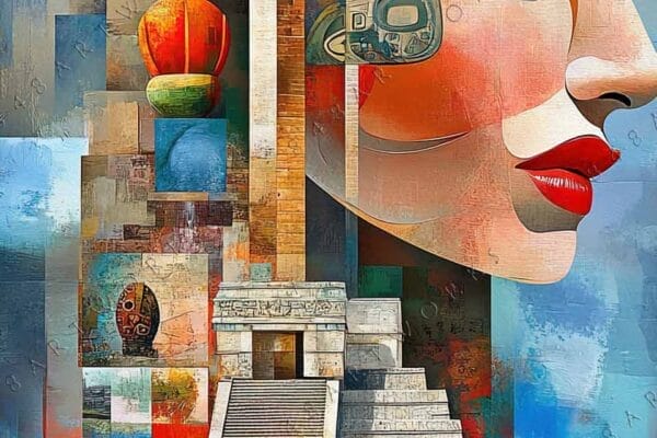 "Colorful digital collage featuring abstract female profile and ancient architecture inspired by Mayan art."
