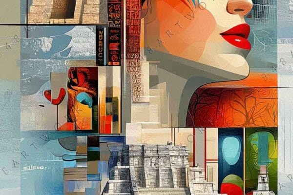 Cubist digital artwork featuring a woman's profile, ancient architecture, and bright geometric patterns.