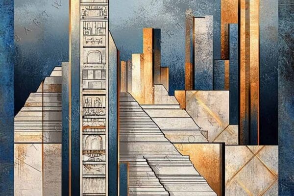 "Abstract digital art of geometric structures with gold and blue tones, featuring a sun."
