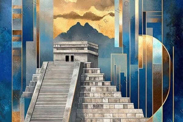 "Art Deco digital painting of a pyramid with blue and gold geometric patterns."