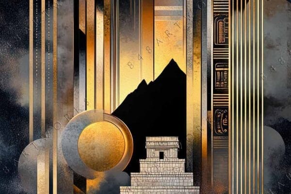 "Art Deco digital illustration with geometric patterns in gold, black, and gray tones."