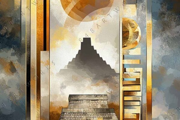 "Abstract digital art of ancient pyramids with geometric patterns in gold and gray hues."
