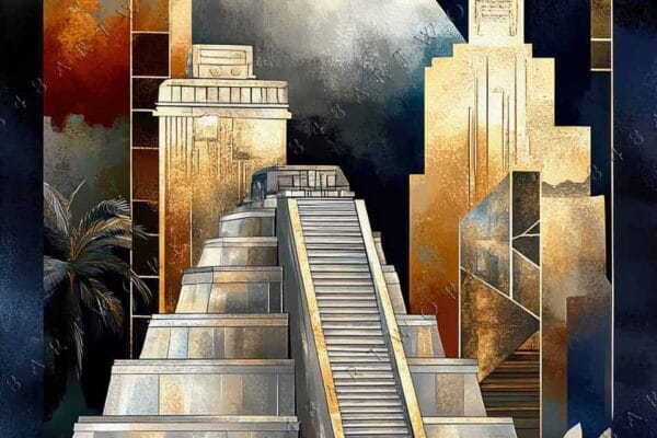 "Geometric digital painting of a golden pyramid against a dark blue celestial background."