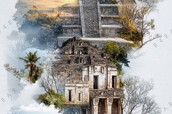 "Digital artwork of ancient pyramids, mountains, and coastline blending vibrant and muted tones."