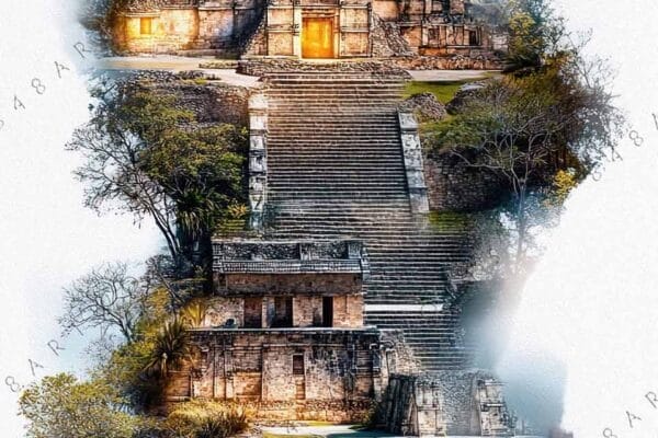 Digital artwork of ancient stone pyramid with misty landscape in blue and green tones.