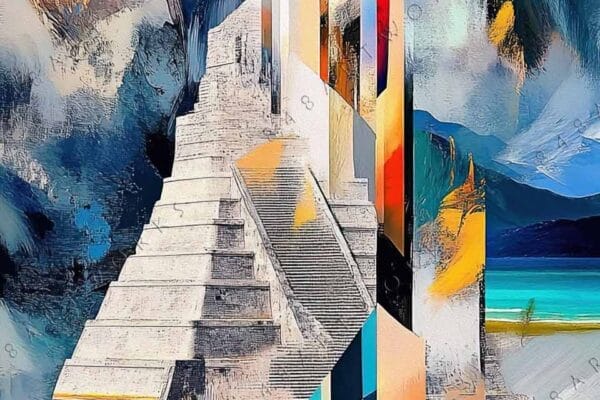 Abstract digital painting of a futuristic structure with mountains, in vibrant blue and orange shades.