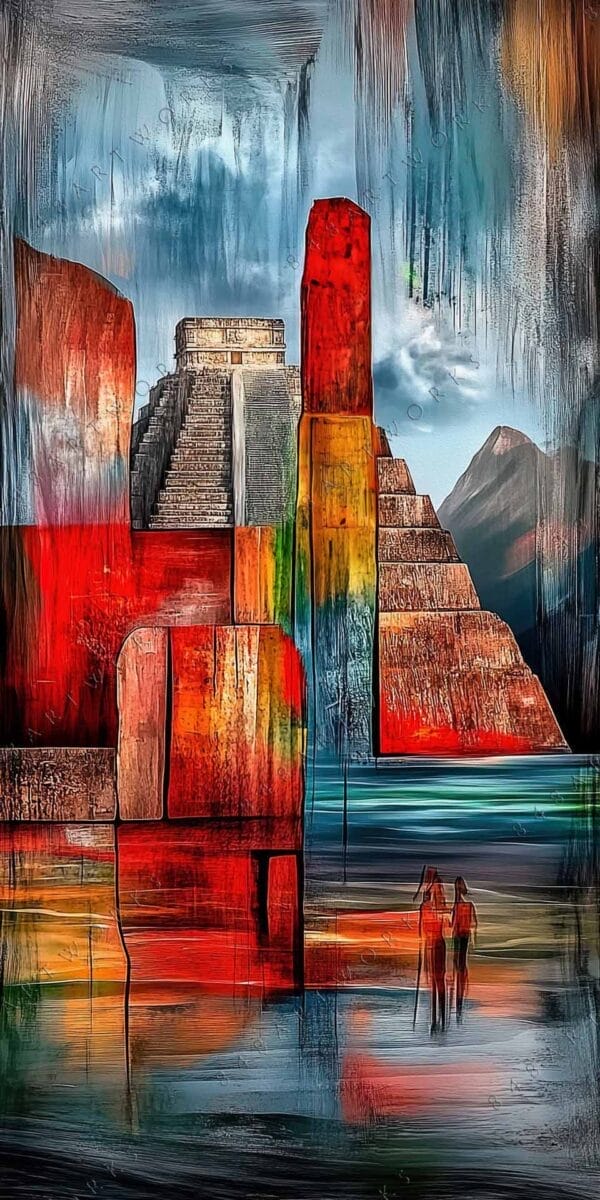 "Abstract digital art depicting pyramids and figures in vibrant red and blue tones."