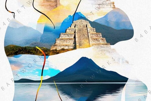 "Digital collage of Mayan pyramids and landscapes with abstract watercolor elements in warm tones."