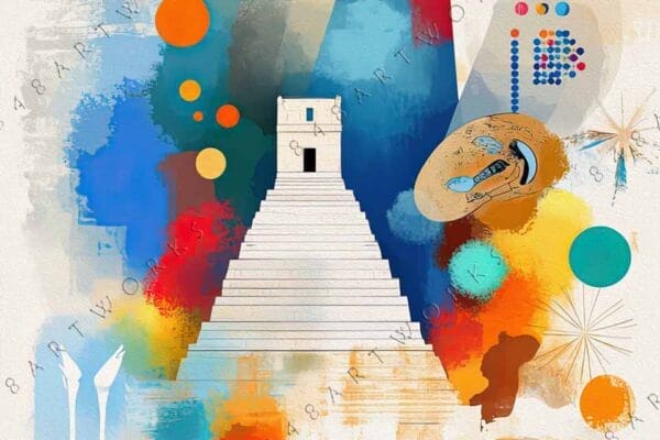 "Abstract digital collage of pyramids and geometric shapes in vibrant blue, red, and orange."