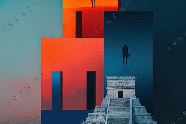 "Surreal digital artwork of geometric monoliths and pyramid with teal, orange, and blue tones."
