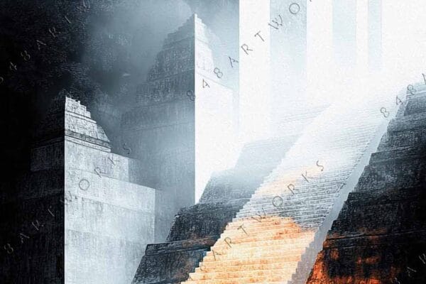 "Surreal digital art of illuminated steps leading to abstract white monoliths in mist."