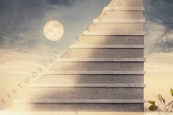 Digital artwork of a stair-like structure reflecting on water under a full moon.