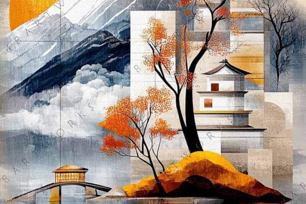 "Modern digital artwork depicting a Japanese landscape with red sun and autumn trees."