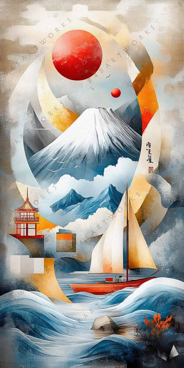 "Surreal digital painting with sailboat, mountain, and red sun in abstract style."