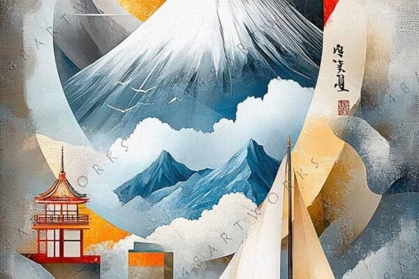 "Surreal digital painting with sailboat, mountain, and red sun in abstract style."