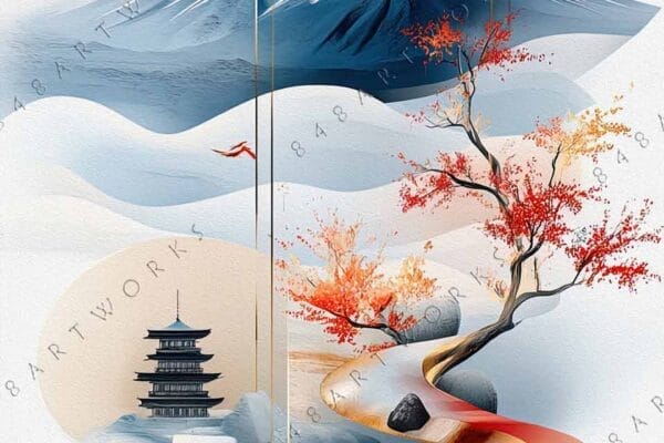 "Surreal digital artwork of mountains, pagodas, and tree in red-orange hues with birds."