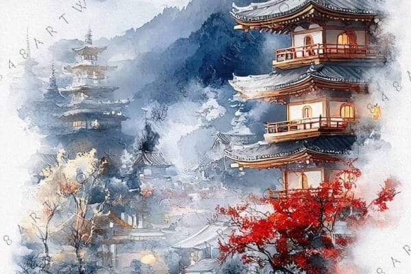 "Watercolor painting of pagoda, mountain, and autumn trees with a soft palette."
