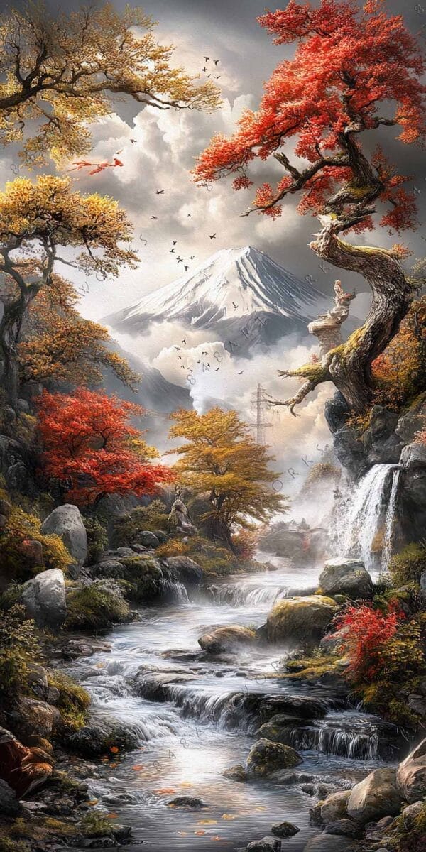Digital painting of a serene autumn landscape with a snowy mountain and cascading stream.