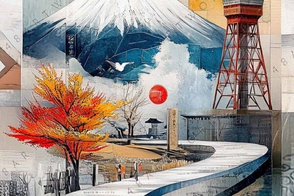 Abstract digital art featuring Mount Fuji, red sun, tower, and winding path.